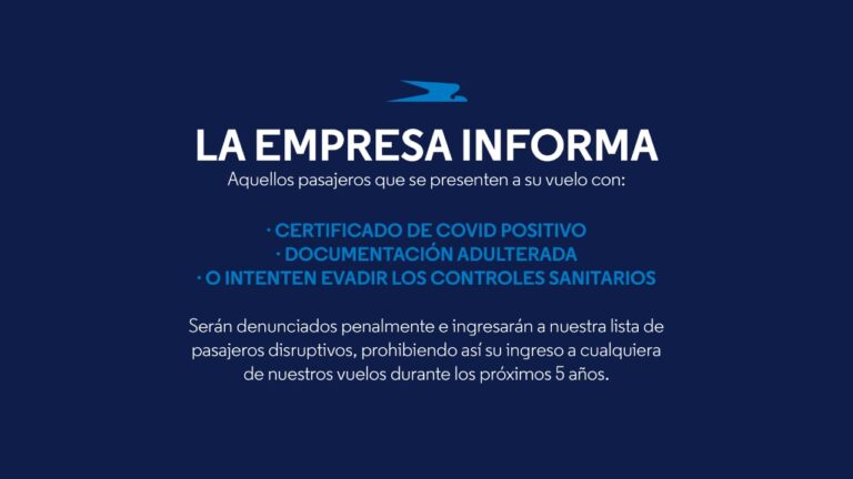 Los pasajeros que no cumplan las normas serán denunciados penalmente y no podrán volar por 5 años