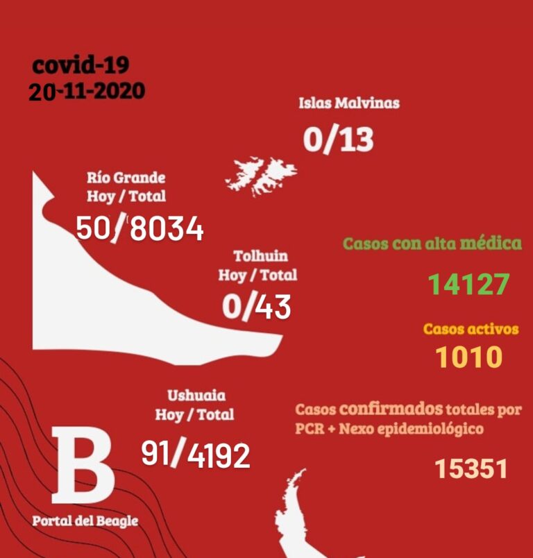 Coronavirus en Tierra del Fuego: 50 casos en Río Grande, 91 en Ushuaia y 1 nuevo fallecimiento en la provincia