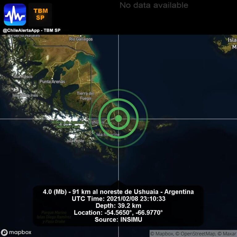 La aplicación Chile Alerta emitió el aviso de la detección de un sismo en cercanías de la ciudad de Tolhuin